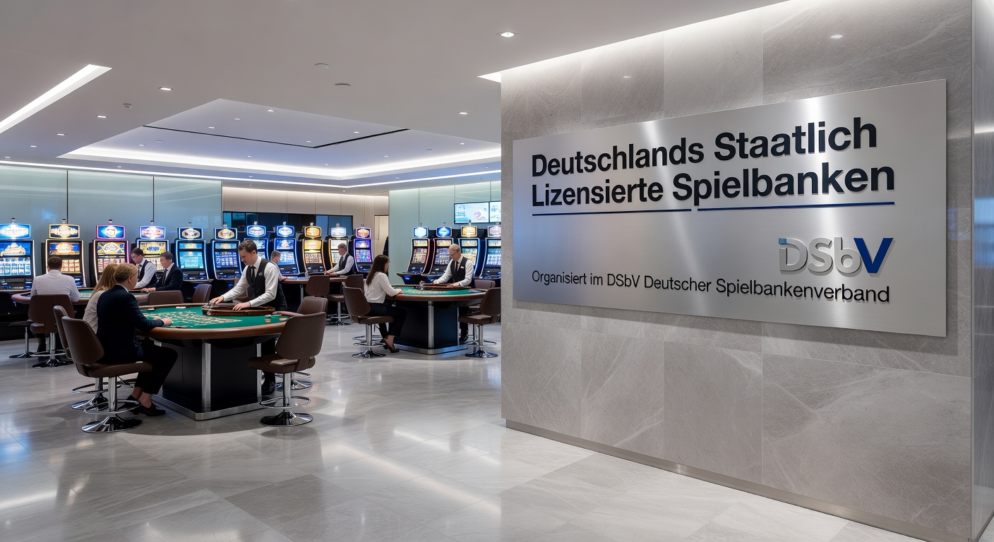 Besuchermassen in einer belebten deutschen Spielbank bei Nacht mit leuchtenden Neonlichtern und Eintrittsbereich